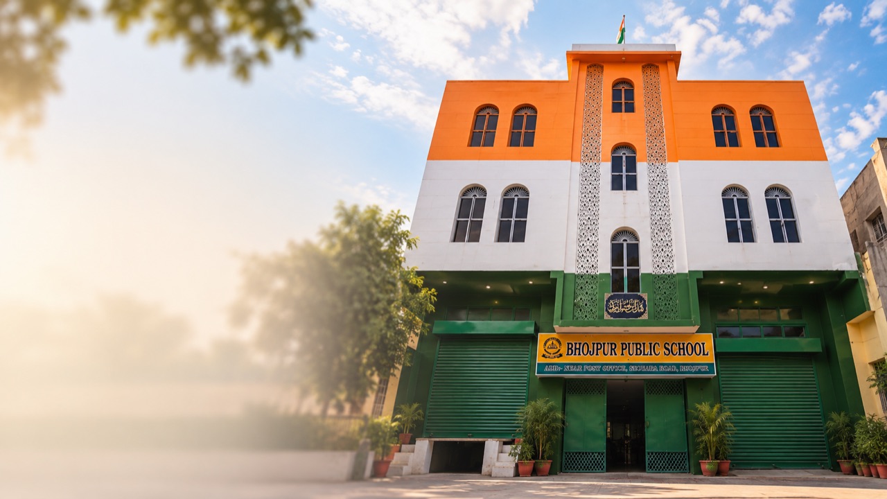 Bhojpur Public School building in Bhojpur, Moradabad, painted in the colours of the Indian flag
